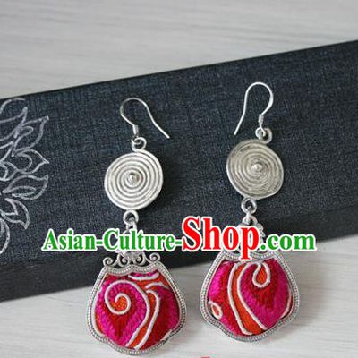 China Traditional Miao Nationality Bride Embroidered Rosy Ear Accessories Handmade Guizhou Hmong Ethnic Wedding Silver Earrings