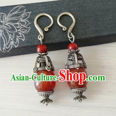 China Traditional Qing Dynasty Imperial Concubine Agate Ear Accessories Handmade Ancient Court Silver Earrings