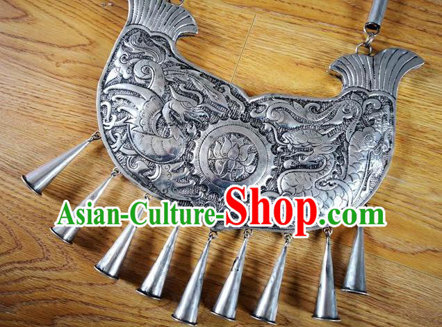 Chinese Miao Ethnic Wedding Jewelry Accessories Handmade Hmong Silver Carving Dragon Phoenix Necklet Chinese Miao Ethnic Wedding Jewelry Accessories Handmade Hmong Silver Carving Dragon Phoenix Necklet