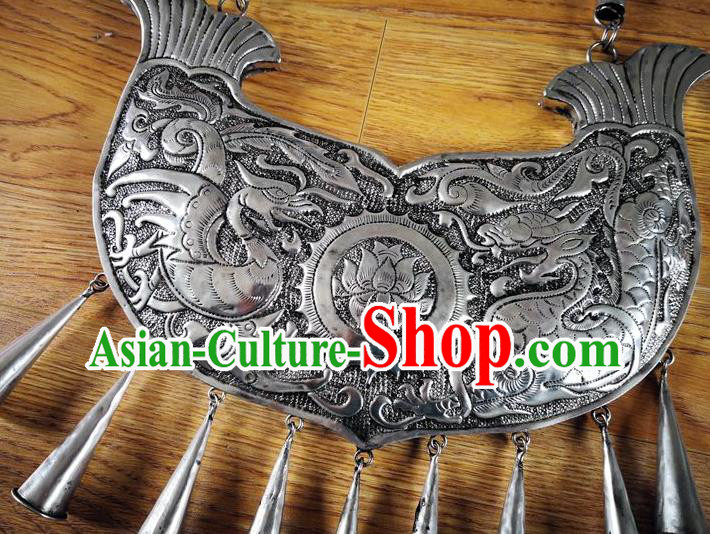 Chinese Miao Ethnic Wedding Jewelry Accessories Handmade Hmong Silver Carving Dragon Phoenix Necklet Chinese Miao Ethnic Wedding Jewelry Accessories Handmade Hmong Silver Carving Dragon Phoenix Necklet