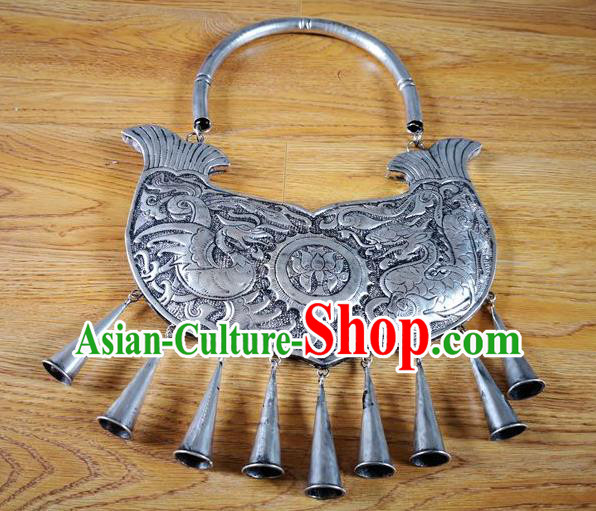 Chinese Miao Ethnic Wedding Jewelry Accessories Handmade Hmong Silver Carving Dragon Phoenix Necklet Chinese Miao Ethnic Wedding Jewelry Accessories Handmade Hmong Silver Carving Dragon Phoenix Necklet
