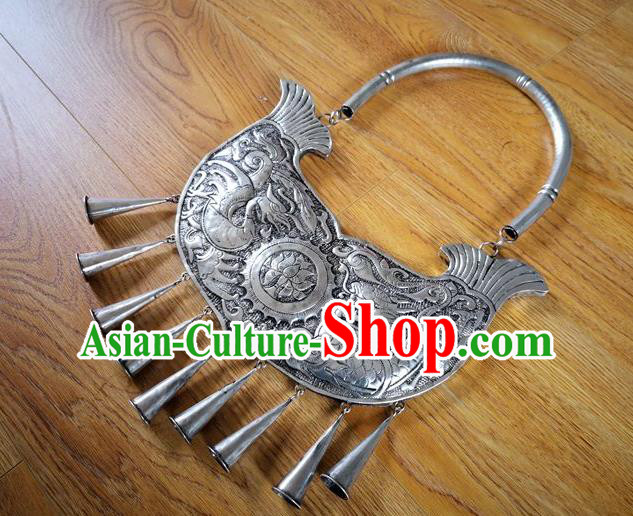 Chinese Miao Ethnic Wedding Jewelry Accessories Handmade Hmong Silver Carving Dragon Phoenix Necklet Chinese Miao Ethnic Wedding Jewelry Accessories Handmade Hmong Silver Carving Dragon Phoenix Necklet