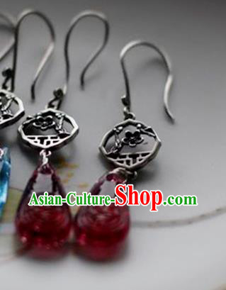 China Handmade National Garnet Earrings Traditional Cheongsam Silver Plum Blossom Ear Accessories China Handmade National Garnet Earrings Traditional Cheongsam Silver Plum Blossom Ear Accessories