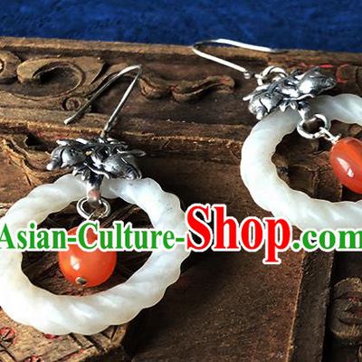 China Handmade National Jade Ring Earrings Traditional Cheongsam Silver Pomegranate Ear Accessories
