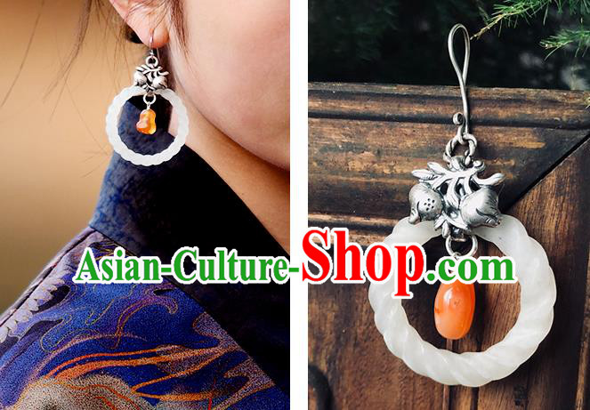 China Handmade National Jade Ring Earrings Traditional Cheongsam Silver Pomegranate Ear Accessories China Handmade National Jade Ring Earrings Traditional Cheongsam Silver Pomegranate Ear Accessories