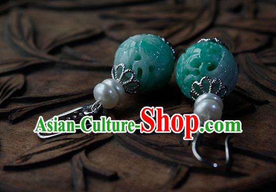 China Handmade National Jadeite Carving Earrings Traditional Cheongsam Pearls Ear Jewelry China Handmade National Jadeite Carving Earrings Traditional Cheongsam Pearls Ear Jewelry