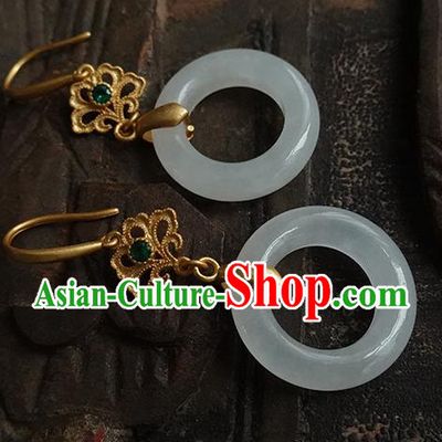 China Handmade National White Jade Ring Earrings Traditional Cheongsam Golden Ear Jewelry