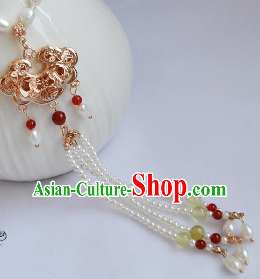 Chinese Ancient Princess Pearls Necklace Handmade Traditional Ming Dynasty Golden Lock Necklet Jewelry Chinese Ancient Princess Pearls Necklace Handmade Traditional Ming Dynasty Golden Lock Necklet Jewelry