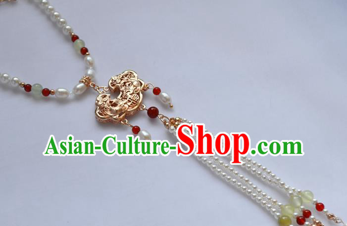 Chinese Ancient Princess Pearls Necklace Handmade Traditional Ming Dynasty Golden Lock Necklet Jewelry Chinese Ancient Princess Pearls Necklace Handmade Traditional Ming Dynasty Golden Lock Necklet Jewelry