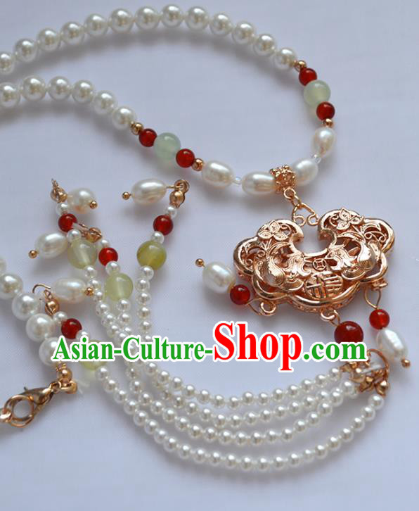 Chinese Ancient Princess Pearls Necklace Handmade Traditional Ming Dynasty Golden Lock Necklet Jewelry Chinese Ancient Princess Pearls Necklace Handmade Traditional Ming Dynasty Golden Lock Necklet Jewelry