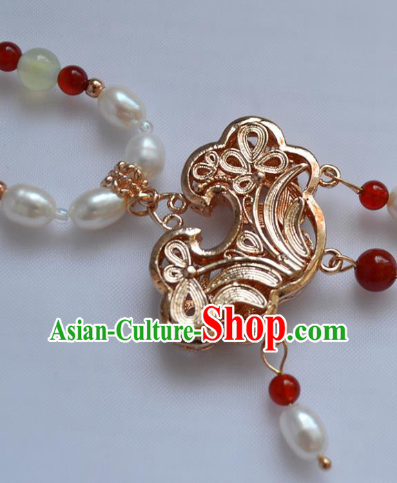 Chinese Ancient Princess Pearls Necklace Handmade Traditional Ming Dynasty Golden Lock Necklet Jewelry Chinese Ancient Princess Pearls Necklace Handmade Traditional Ming Dynasty Golden Lock Necklet Jewelry