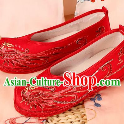 Handmade Chinese Traditional Hanfu Wedding Shoes Ming Dynasty Embroidered Phoenix Shoes Ancient Bride Red Shoes
