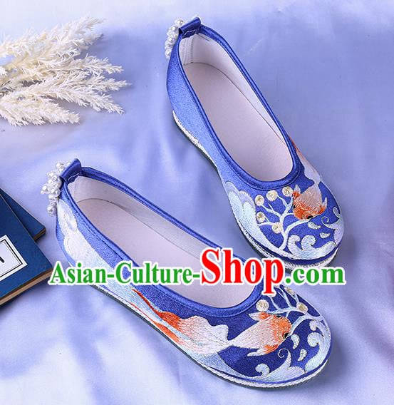 China Classical Dance Shoes National Embroidery Goldfish Shoes Traditional Handmade Blue Cloth Shoes China Classical Dance Shoes National Embroidery Goldfish Shoes Traditional Handmade Blue Cloth Shoes
