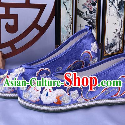 Chinese Ancient Princess Royalblue Satin Shoes Traditional Hanfu Shoes Ming Dynasty Embroidered Bow Shoes