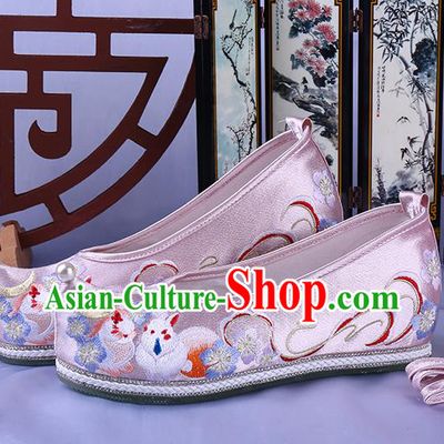 Chinese Ming Dynasty Embroidered Bow Shoes Ancient Princess Pink Satin Shoes Traditional Hanfu Shoes