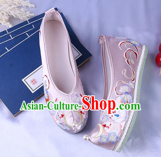 Chinese Ming Dynasty Embroidered Bow Shoes Ancient Princess Pink Satin Shoes Traditional Hanfu Shoes Chinese Ming Dynasty Embroidered Bow Shoes Ancient Princess Pink Satin Shoes Traditional Hanfu Shoes
