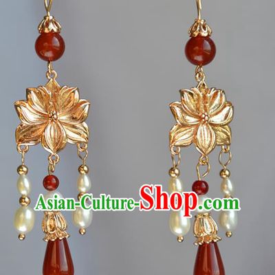 China Classical Pearls Tassel Ear Accessories Traditional Ming Dynasty Hanfu Golden Lotus Earrings
