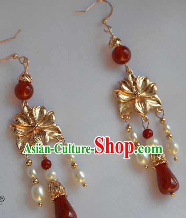 China Classical Pearls Tassel Ear Accessories Traditional Ming Dynasty Hanfu Golden Lotus Earrings China Classical Pearls Tassel Ear Accessories Traditional Ming Dynasty Hanfu Golden Lotus Earrings