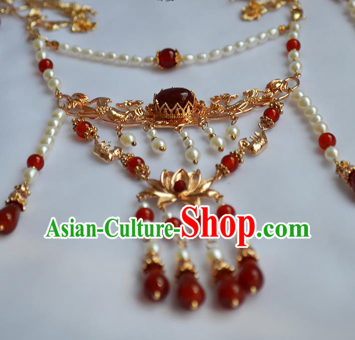 Chinese Ancient Princess Agate Tassel Necklace Handmade Traditional Ming Dynasty Pearls Lotus Necklet Jewelry Chinese Ancient Princess Agate Tassel Necklace Handmade Traditional Ming Dynasty Pearls Lotus Necklet Jewelry