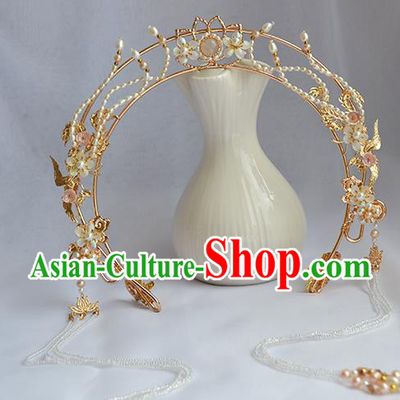 Chinese Traditional Hanfu Beads Tassel Hair Clasp Ancient Goddess Golden Lotus Hair Crown