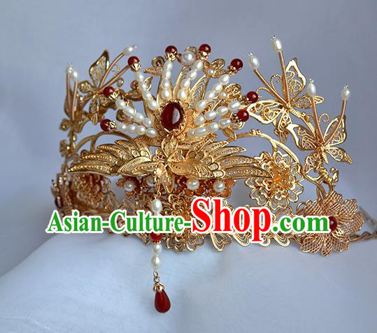 Chinese Traditional Wedding Hair Accessories Ancient Ming Dynasty Bride Golden Phoenix Hair Crown Chinese Traditional Wedding Hair Accessories Ancient Ming Dynasty Bride Golden Phoenix Hair Crown