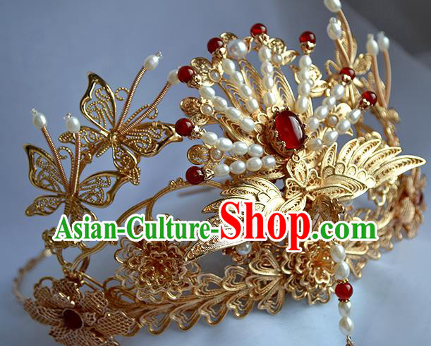 Chinese Traditional Wedding Hair Accessories Ancient Ming Dynasty Bride Golden Phoenix Hair Crown Chinese Traditional Wedding Hair Accessories Ancient Ming Dynasty Bride Golden Phoenix Hair Crown