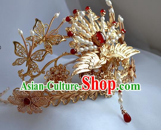 Chinese Traditional Wedding Hair Accessories Ancient Ming Dynasty Bride Golden Phoenix Hair Crown Chinese Traditional Wedding Hair Accessories Ancient Ming Dynasty Bride Golden Phoenix Hair Crown