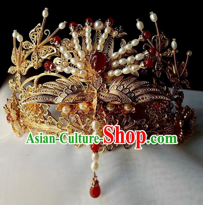 Chinese Traditional Wedding Hair Accessories Ancient Ming Dynasty Bride Golden Phoenix Hair Crown Chinese Traditional Wedding Hair Accessories Ancient Ming Dynasty Bride Golden Phoenix Hair Crown
