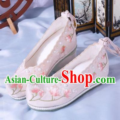 China Ancient Beige Cloth Shoes Traditional Hanfu Pearls Shoes Ming Dynasty Princess Bow Shoes Embroidered Mangnolia Shoes