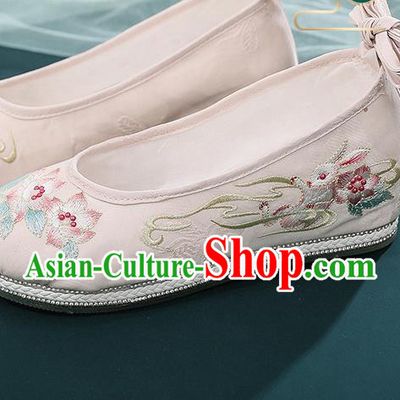 Chinese National Woman Beige Cloth Shoes Embroidery Flowers Shoes Traditional Hanfu Shoes