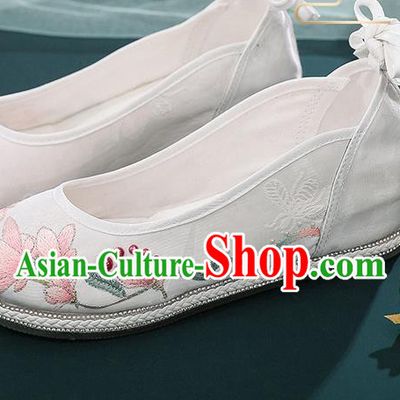 Chinese Traditional Hanfu White Cloth Shoes Classical Dance Shoes Embroidery Mangnolia Shoes