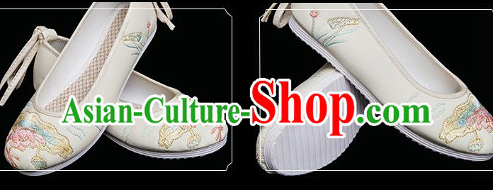 Chinese Traditional Embroidered Lotus Shoes Handmade Beige Cloth Shoes Classical Dance Shoes Chinese Traditional Embroidered Lotus Shoes Handmade Beige Cloth Shoes Classical Dance Shoes