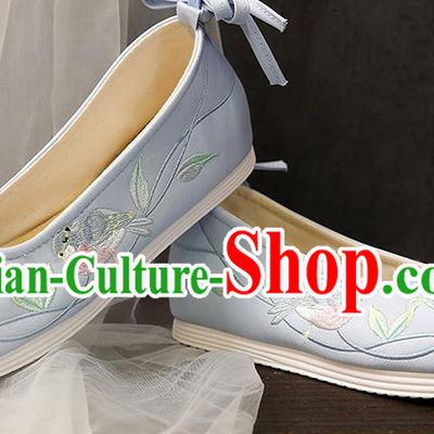China Ancient Hanfu Shoes Embroidery Flower Bird Blue Cloth Shoes Traditional Ming Dynasty Princess Shoes