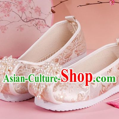 China Handmade Champagne Brocade Shoes Traditional Ming Dynasty Princess Pearls Tassel Shoes Ancient Hanfu Shoes