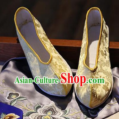 Chinese Classical Dragons Pattern Shoes Hand Golden Brocade Shoes Traditional Ancient Empress Shoes