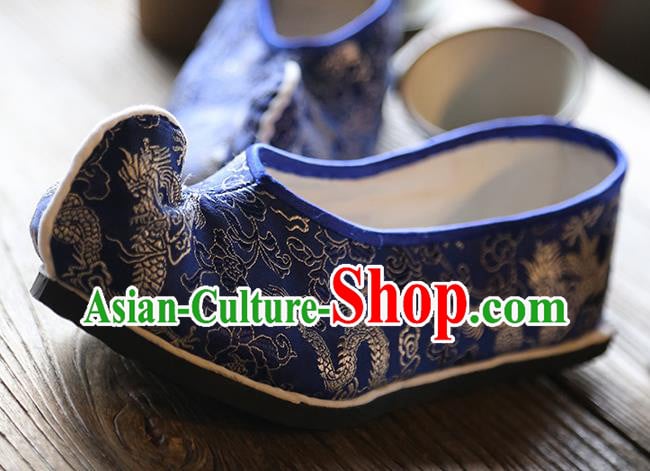 Chinese Traditional Yunnan Ethnic Wedding Shoes Classical Dragon Pattern Brocade Shoes Handmade Royalblue Shoes Chinese Traditional Yunnan Ethnic Wedding Shoes Classical Dragon Pattern Brocade Shoes Handmade Royalblue Shoes