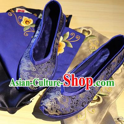 Chinese Handmade Royalblue Shoes Traditional Yunnan Ethnic Wedding Shoes Classical Dragon Pattern Brocade Shoes