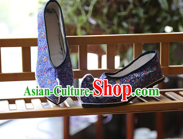 Chinese Handmade Classical Cockscomb Pattern Brocade Shoes Traditional Royalblue Dance Shoes Chinese Handmade Classical Cockscomb Pattern Brocade Shoes Traditional Royalblue Dance Shoes