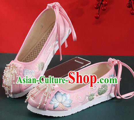 Chinese Traditional Beads Tassel Shoes Classical Dance Pink Cloth Shoes National Embroidered Lotus Shoes Chinese Traditional Beads Tassel Shoes Classical Dance Pink Cloth Shoes National Embroidered Lotus Shoes