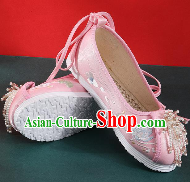 Chinese Traditional Beads Tassel Shoes Classical Dance Pink Cloth Shoes National Embroidered Lotus Shoes Chinese Traditional Beads Tassel Shoes Classical Dance Pink Cloth Shoes National Embroidered Lotus Shoes