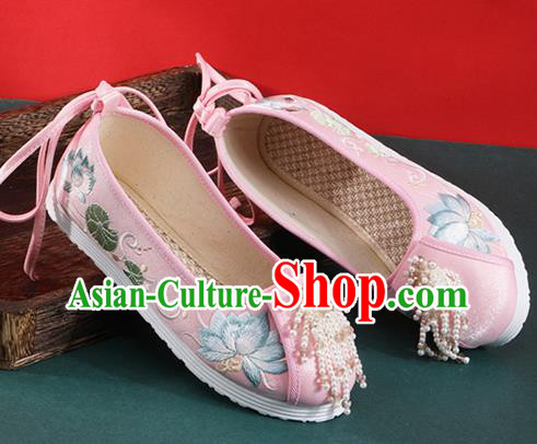 Chinese Traditional Beads Tassel Shoes Classical Dance Pink Cloth Shoes National Embroidered Lotus Shoes Chinese Traditional Beads Tassel Shoes Classical Dance Pink Cloth Shoes National Embroidered Lotus Shoes