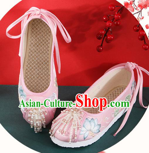 Chinese Traditional Beads Tassel Shoes Classical Dance Pink Cloth Shoes National Embroidered Lotus Shoes Chinese Traditional Beads Tassel Shoes Classical Dance Pink Cloth Shoes National Embroidered Lotus Shoes