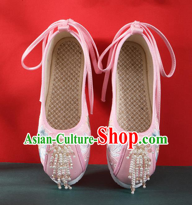 Chinese Traditional Beads Tassel Shoes Classical Dance Pink Cloth Shoes National Embroidered Lotus Shoes Chinese Traditional Beads Tassel Shoes Classical Dance Pink Cloth Shoes National Embroidered Lotus Shoes