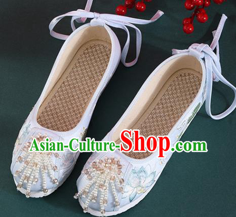 Chinese National Embroidered Lotus Shoes Traditional Beads Tassel Shoes Classical Dance Blue Cloth Shoes Chinese National Embroidered Lotus Shoes Traditional Beads Tassel Shoes Classical Dance Blue Cloth Shoes