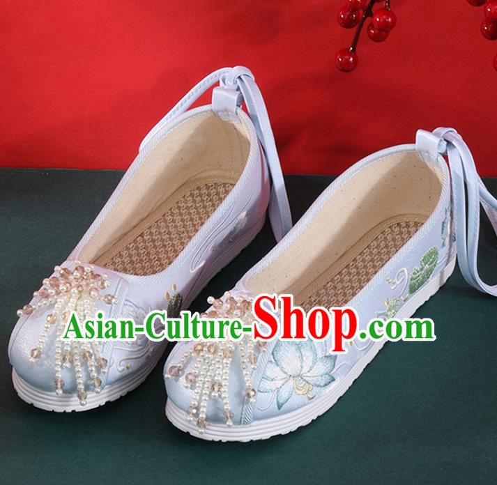 Chinese National Embroidered Lotus Shoes Traditional Beads Tassel Shoes Classical Dance Blue Cloth Shoes Chinese National Embroidered Lotus Shoes Traditional Beads Tassel Shoes Classical Dance Blue Cloth Shoes