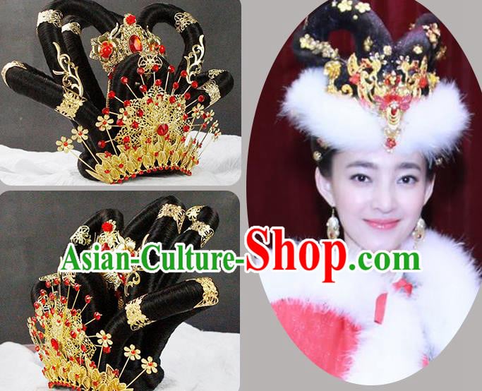 China Classical Fairy Dance Headwear Traditional Tang Dynasty Imperial Concubine Wigs Chignon Headpieces China Classical Fairy Dance Headwear Traditional Tang Dynasty Imperial Concubine Wigs Chignon Headpieces