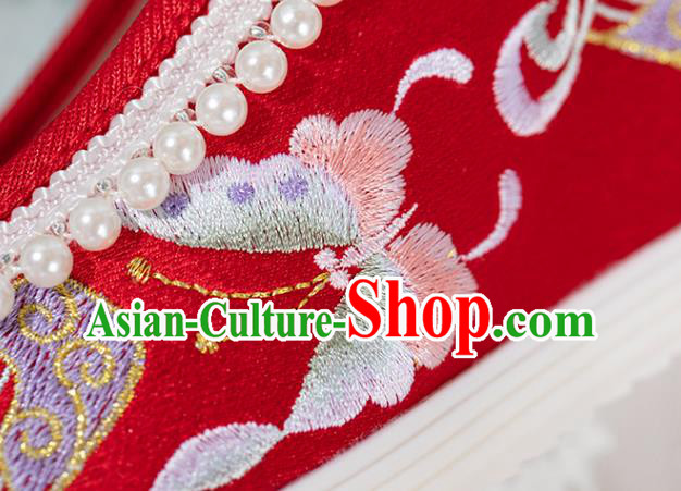Chinese National Wedding Red Embroidered Shoes Traditional Pearls Tassel Shoes Classical Wedge Heel Shoes Chinese National Wedding Red Embroidered Shoes Traditional Pearls Tassel Shoes Classical Wedge Heel Shoes