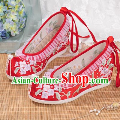 Chinese Classical Wedding Wedge Heel Shoes National Embroidery Flowers Red Satin Shoes Traditional Xiuhe Pearls Shoes