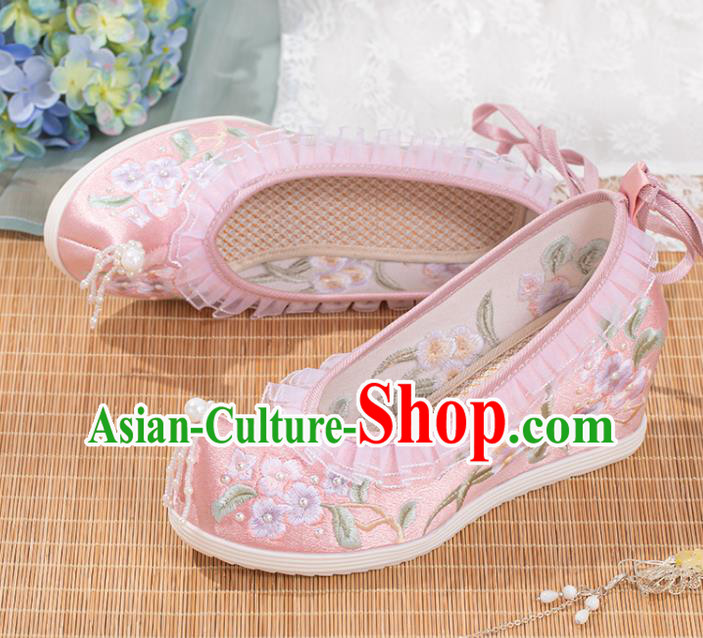 Chinese Traditional Pink Satin Pearls Shoes Classical Wedge Heel Shoes National Embroidery Flowers Shoes Chinese Traditional Pink Satin Pearls Shoes Classical Wedge Heel Shoes National Embroidery Flowers Shoes