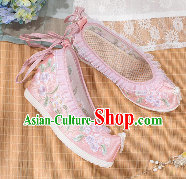 Chinese Traditional Pink Satin Pearls Shoes Classical Wedge Heel Shoes National Embroidery Flowers Shoes Chinese Traditional Pink Satin Pearls Shoes Classical Wedge Heel Shoes National Embroidery Flowers Shoes